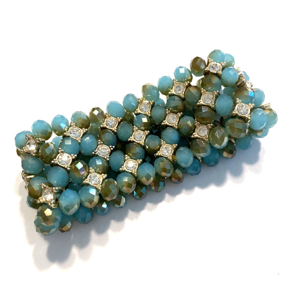 Beaded Stretch Bracelet Thick Aqua Blue Green Faceted beads & white rhinestones - Picture 3 of 7